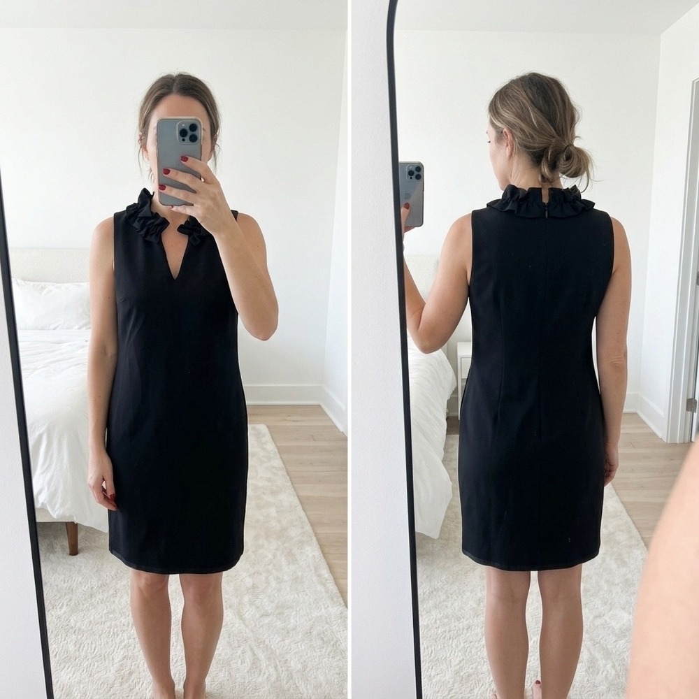 Vineyard Vines Black Ruffle Neck Sleeveless Shift Dress Women's Size 6 Solid LBD